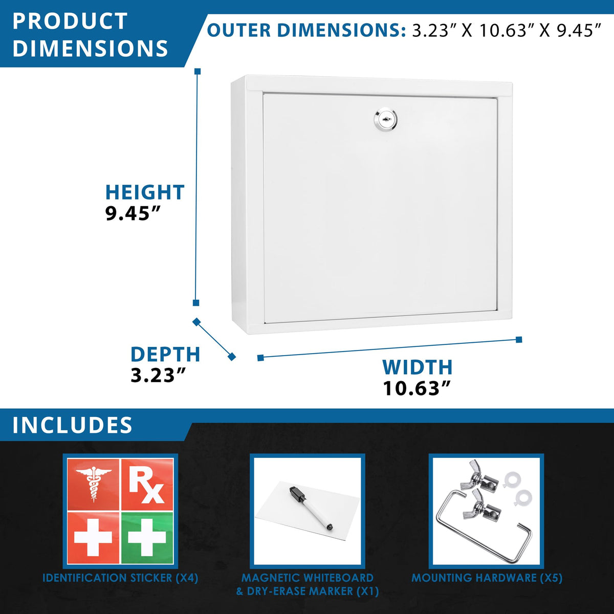 Barska Large Medical Cabinet â Locking Steel Medicine Storage Box with Shelves, Drop-Down Tray, Magnetic Dry Erase Pad, and Wall Mounting Holes - medicine cabinet organizer - Lock Box First Aid