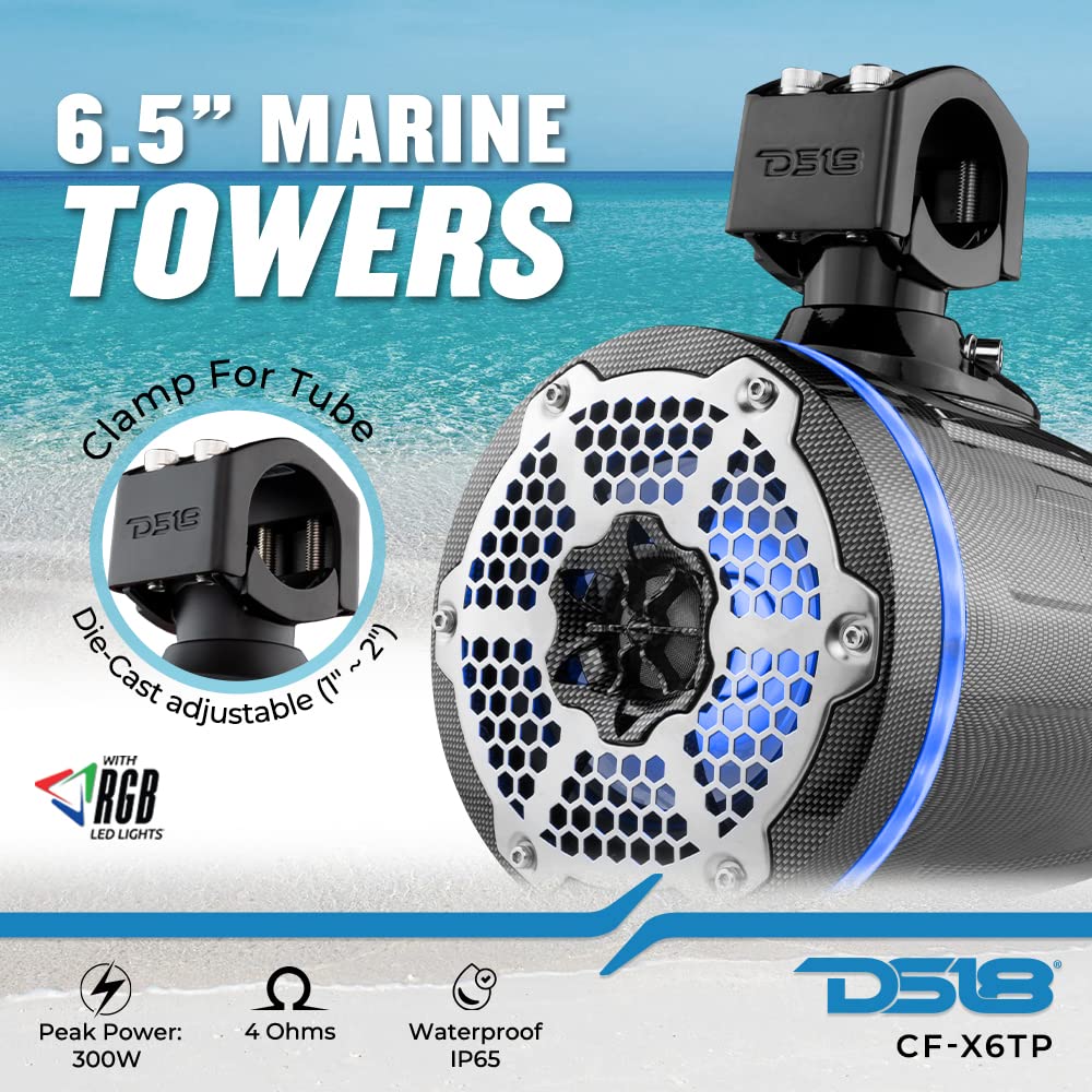DS18 NXL-X6TP/RD Hydro 6.5" Marine Towers with Integrated RGB LED Lights High Performance, Marine Grade IP65 Rated, 300 W Max 150 W RMS 4 Ohms (Pair)