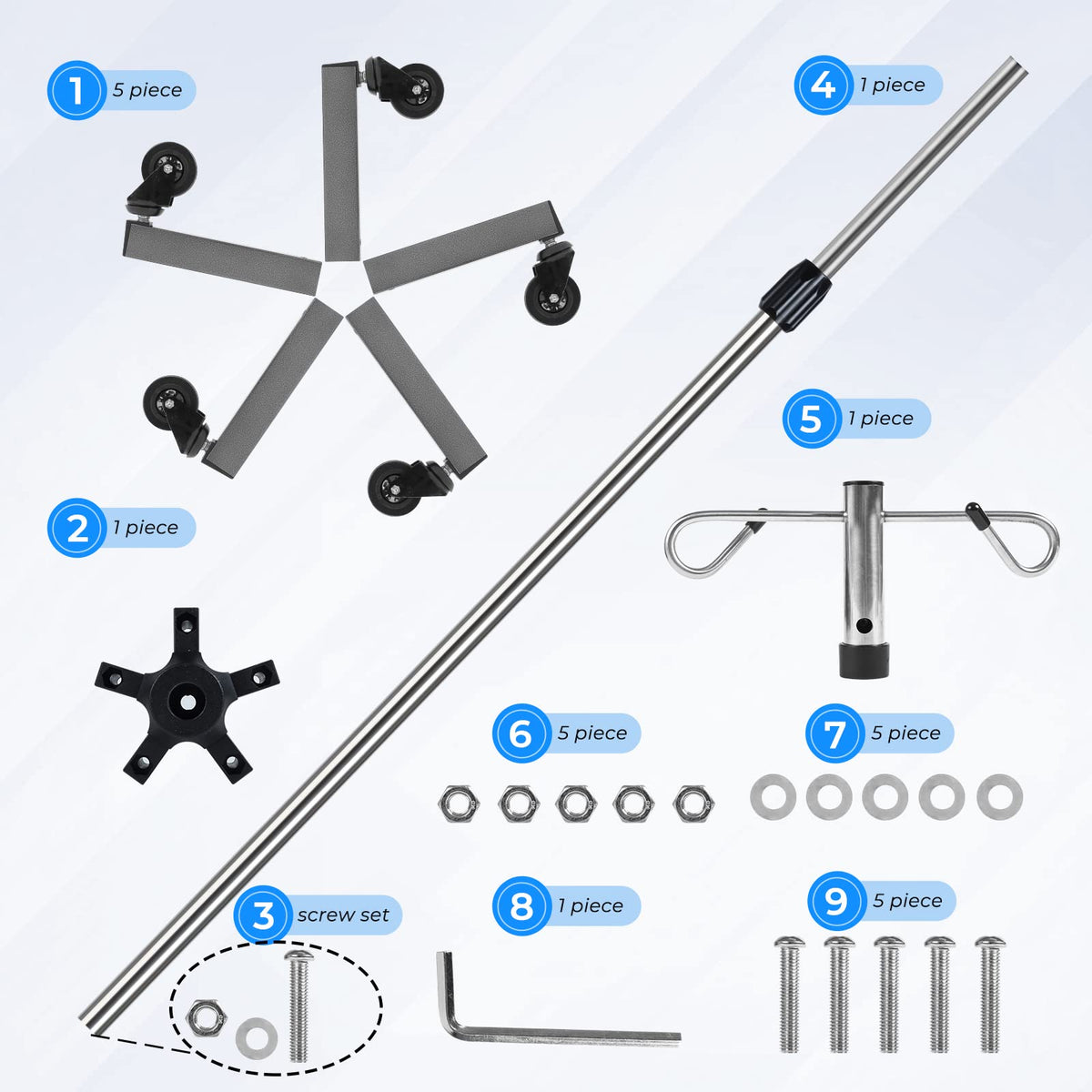 IV Poles with Wheels IV Stands 2 Hooks 5 Legs Rolling Base with Heavy Duty Stainless Steel, Adjustable Height,2PCS/2Pack