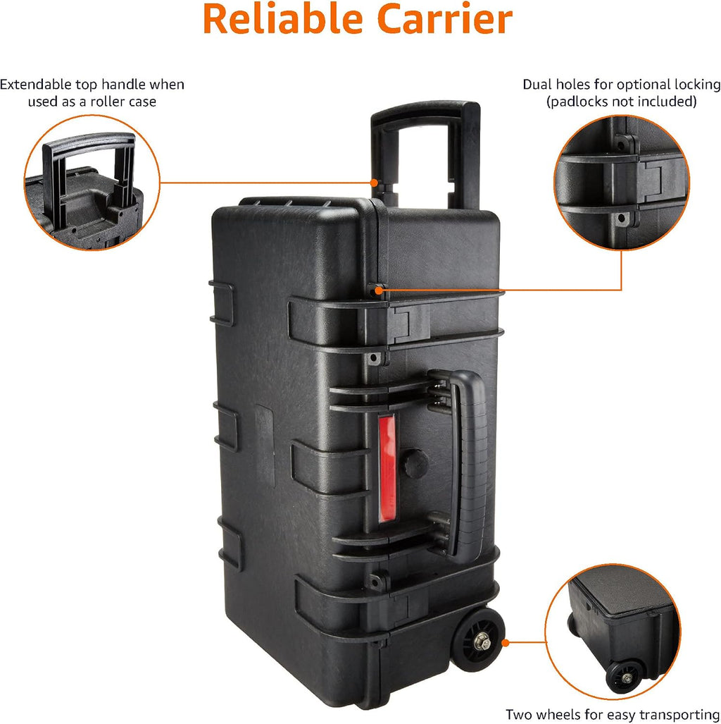 Amazon Basics Hard Protective Camera Case with Wheels, Large, Black, 22"L x 14"W x 9.8"H