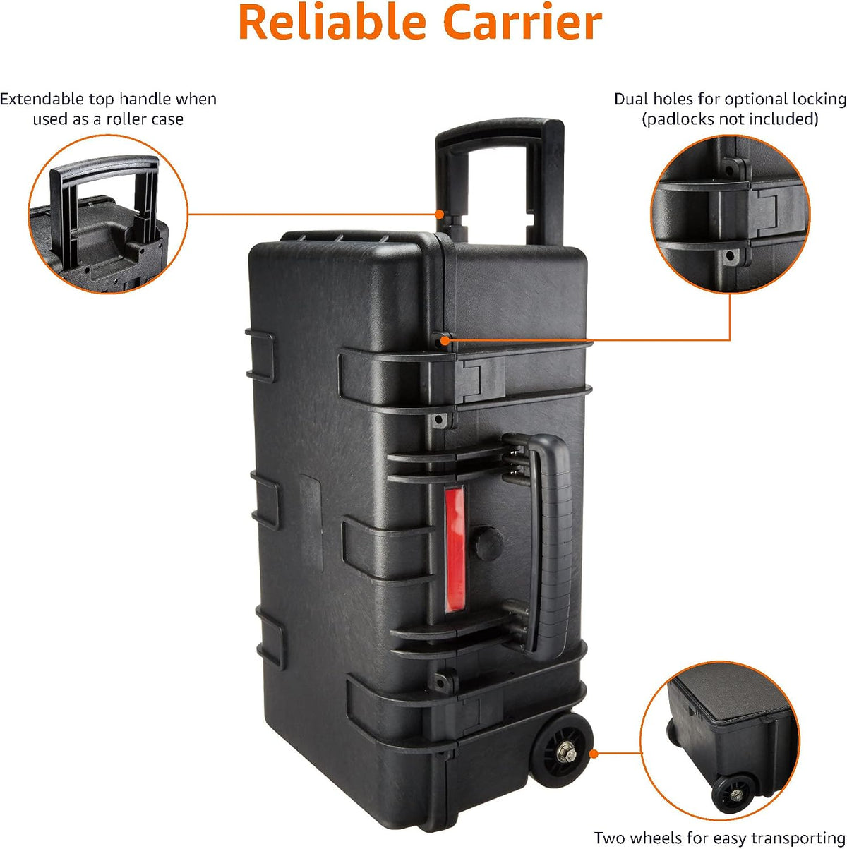 Amazon Basics Hard Protective Camera Case with Wheels, Large, Black, 22"L x 14"W x 9.8"H