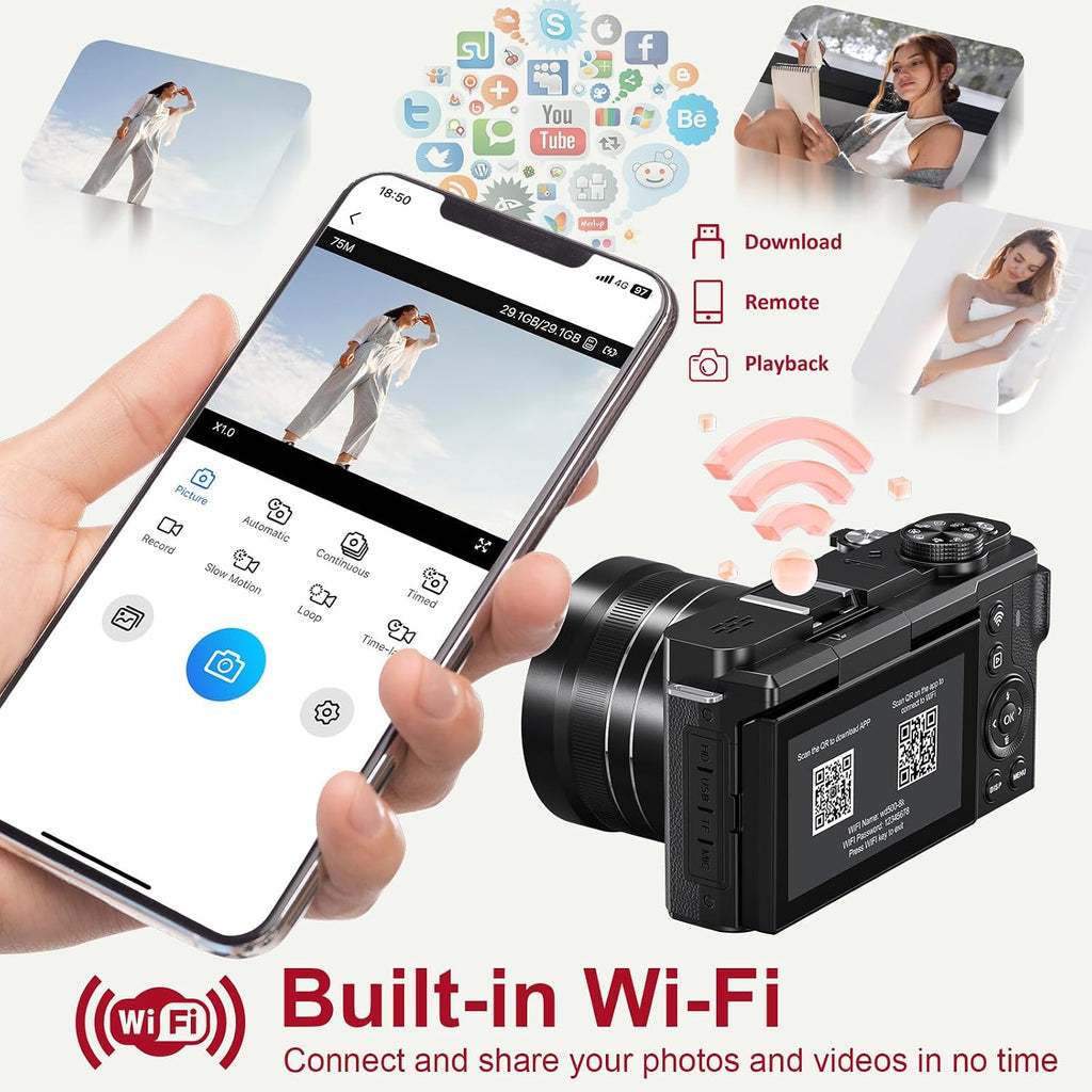 8K Digital Camera WiFi - 88MP Vlogging Cameras for Photography with 3" 180Â° Flip Screen 18X Zoom - UHD Video Camara for YouTube - Autofocus Travel Camera with Lens Hood, Memory Card, Flash