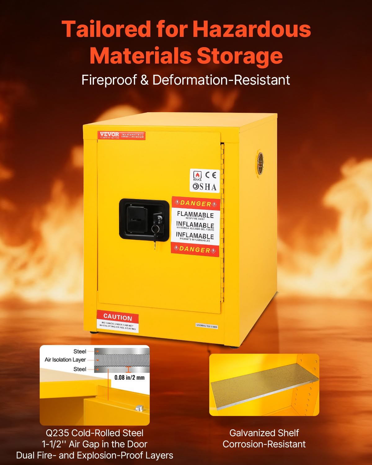 VEVOR Flammable Cabinet, 18" x 18" x 35", Yellow