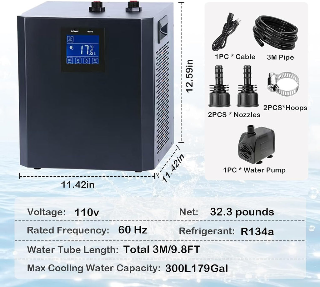 79 Gallon Aquarium Chiller, Fish Tank Chiller,1/3 HP Active Aqua Chiller for Axolotl, Aquarium Cooler with LED Display, Pipe, Water Pump, Remote Control