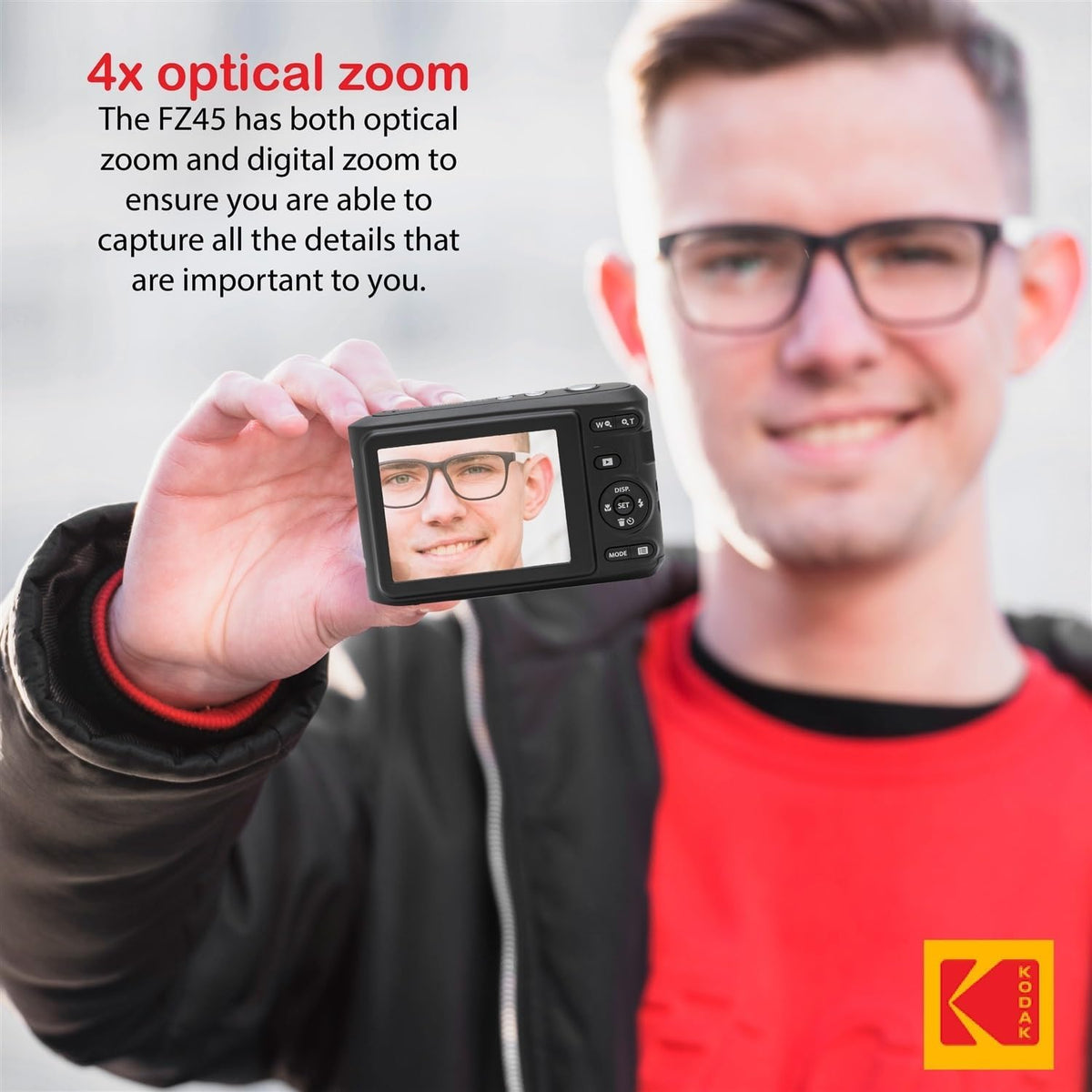 KODAK PIXPRO FZ45 16MP Digital Camera with 4X Optical Zoom 27mm Wide Angle and 2.7" LCD Screen Bundle with 32GB SD Memory Card, AA Batteries (4 Pack), Lens Cleaning Cloth (Red)