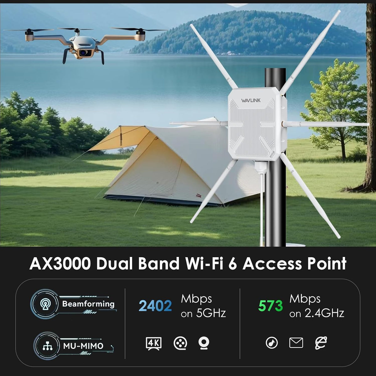 2026 AX3000 Outdoor WiFi 6 Extender, WAVLINK Long-Range WiFi Access Point
