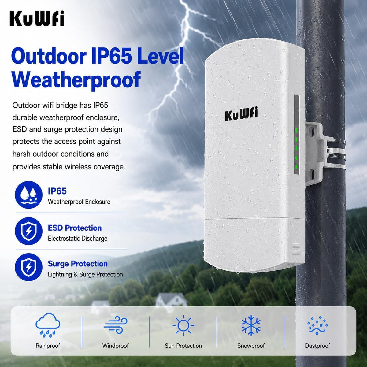Outdoor Wireless Bridge, KuWFi 5.8G 3KM Transmission WiFi Point to Point Wireless Ethernet Bridge Router, with 3 RJ45 LAN Ports, Pre-Program, 48V PoE, 2-Packs