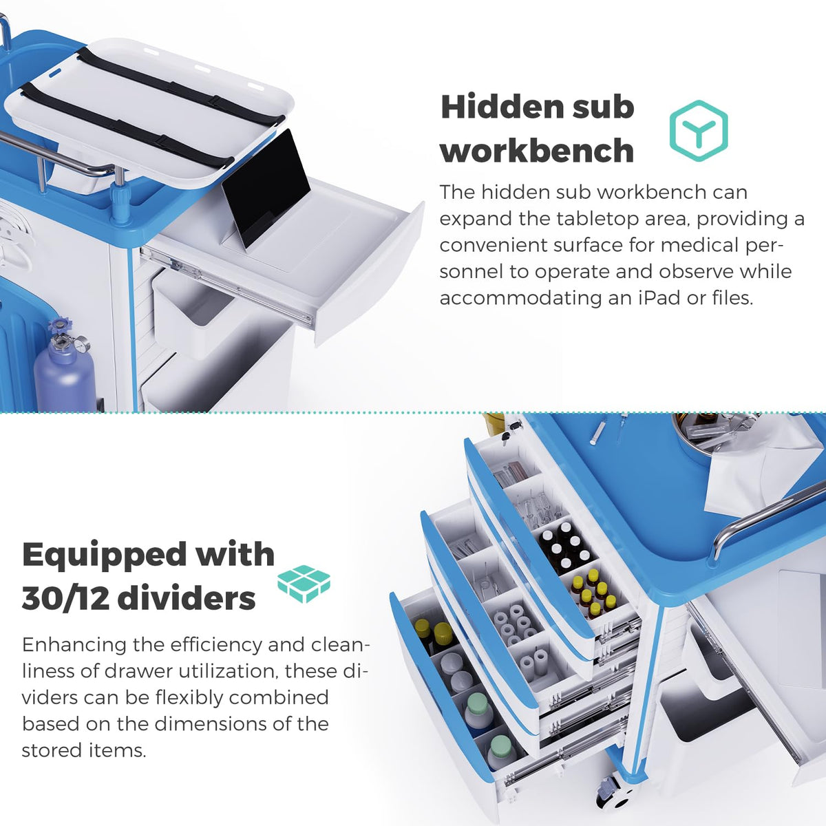 Medical Rolling Crash Cart with Integrated Medical Countertop