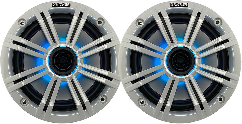 KICKER 6.5" 195 Watt Peak Power Marine OEM Replacement RGB Multicolor LED Boat Audio Speakers (Pair) with White Grilles