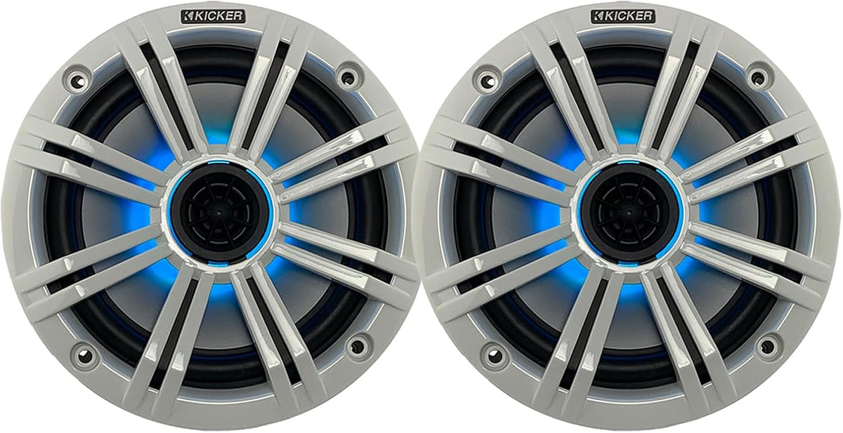 KICKER 6.5" 195 Watt Peak Power Marine OEM Replacement RGB Multicolor LED Boat Audio Speakers (Pair) with White Grilles