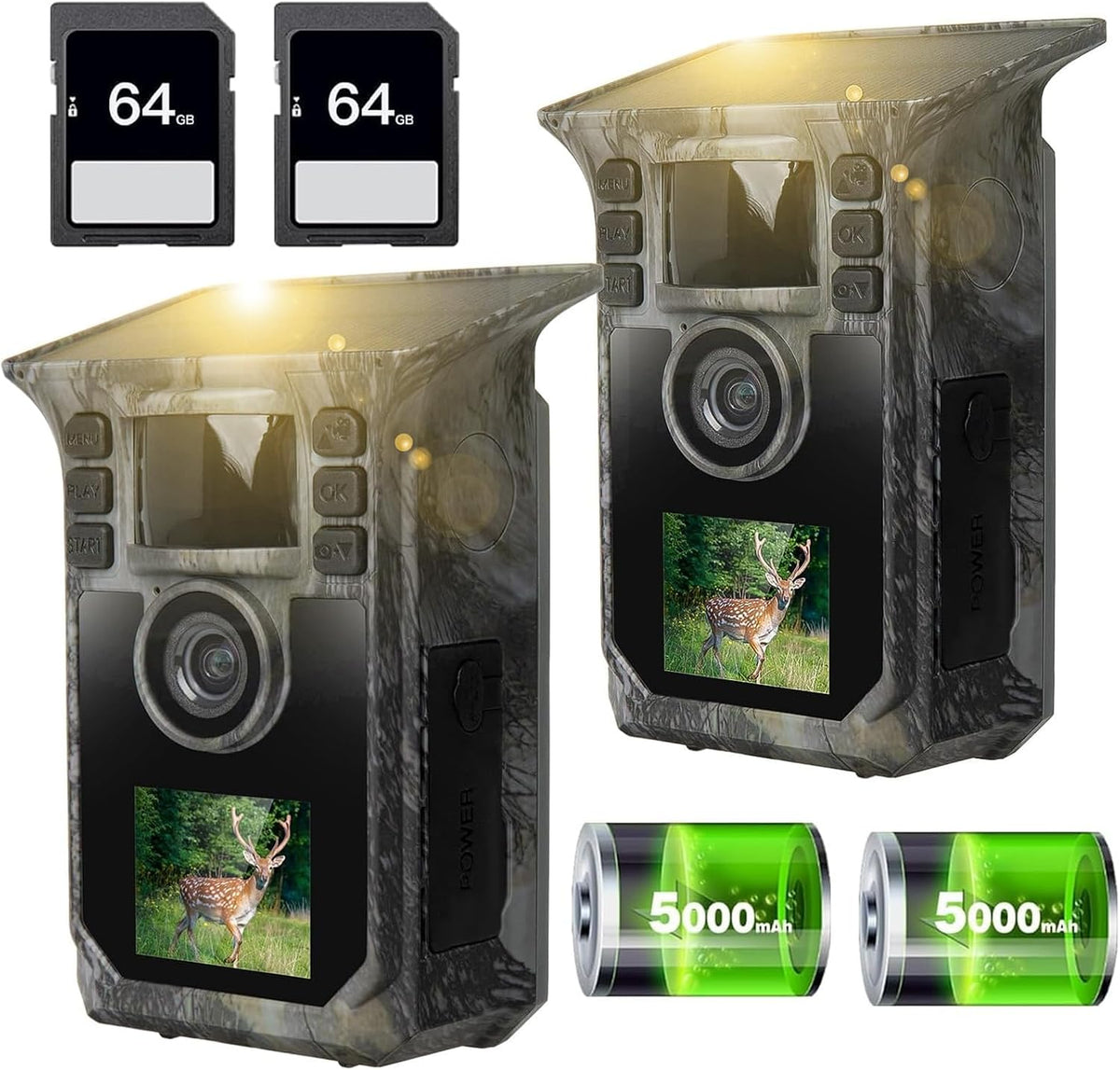 Trail Camera 2 Pack 4K 64MP Solar Game Camera with 5000mAh Forever Power, 64GB Memory Card and Ip67 Waterproof Angle Night Vision for Wildlife Deer Outdoor Trail Cam, Monitoring Trail Cameras
