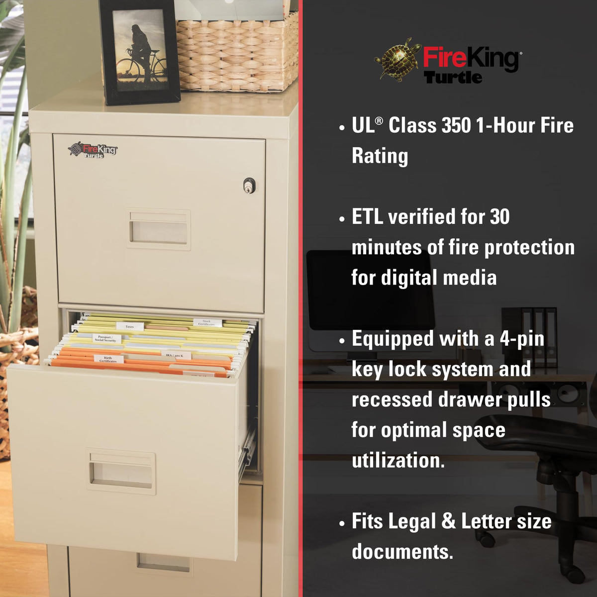FireKing Turtle Vertical 4 Drawer Fire Rated File Cabinet, Platinum