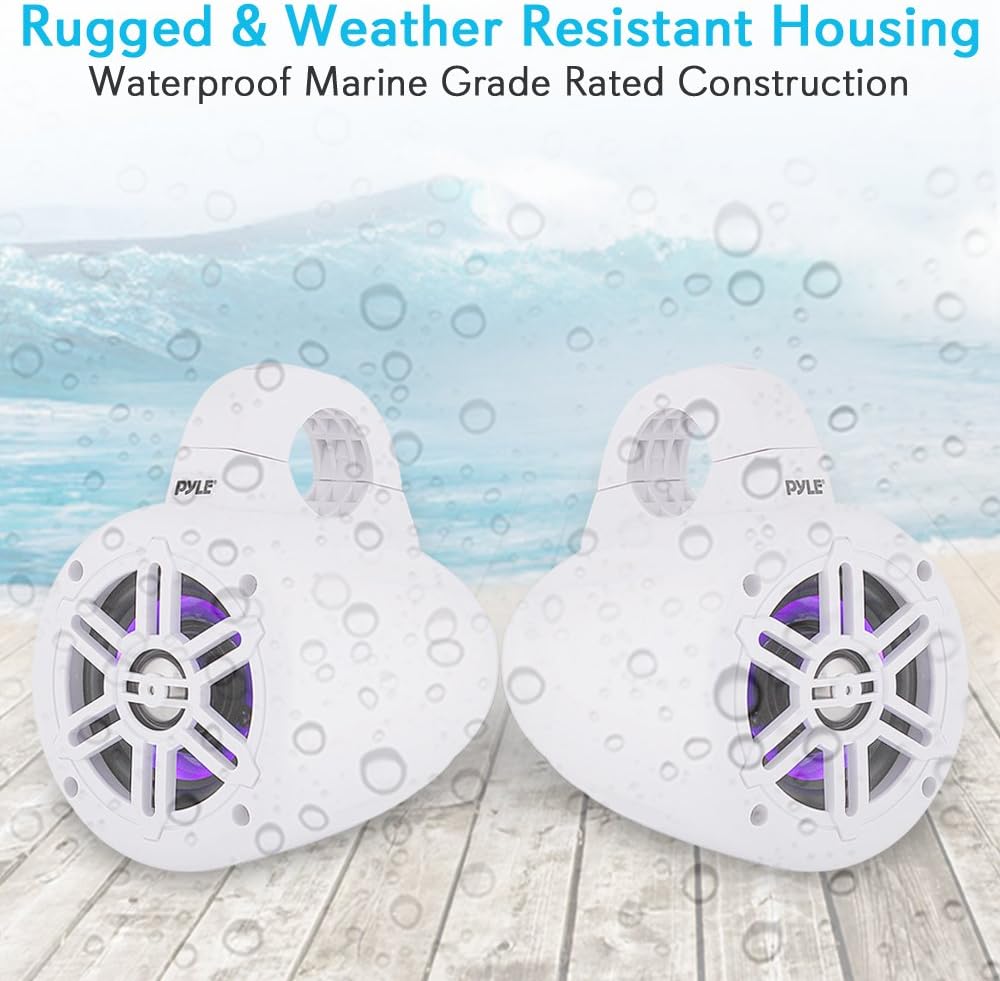 Pyle Waterproof Marine Wakeboard Tower Speakers - 4in Dual Subwoofer Speaker Set w/LED Lights & Bluetooth for Wireless Music Streaming - Boat Audio System w/Mounting Clamps PLMRLEWB47WB (White)