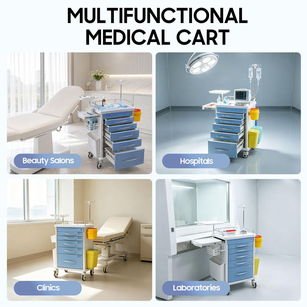 Medical Rolling Crash Cart with Accessories-CPR Board, 2 Trash Bin, Power Strip, Drawers with Dividers, Mobile Medical Cart for Clinic, Hospital, Nursing Center, Salon, 29.53 * 18.7 * 37.4in (Red)