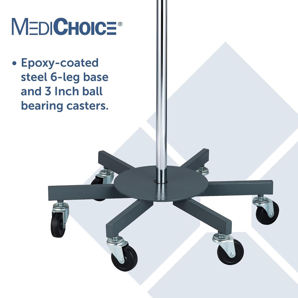 MediChoice Rolling IV Pole Rolling 4 Hook, 6-Leg Base, 45 lb Load, Adjustable 52-90 Inches, Chrome Plated Steel, 360Â° Casters, 1 Each