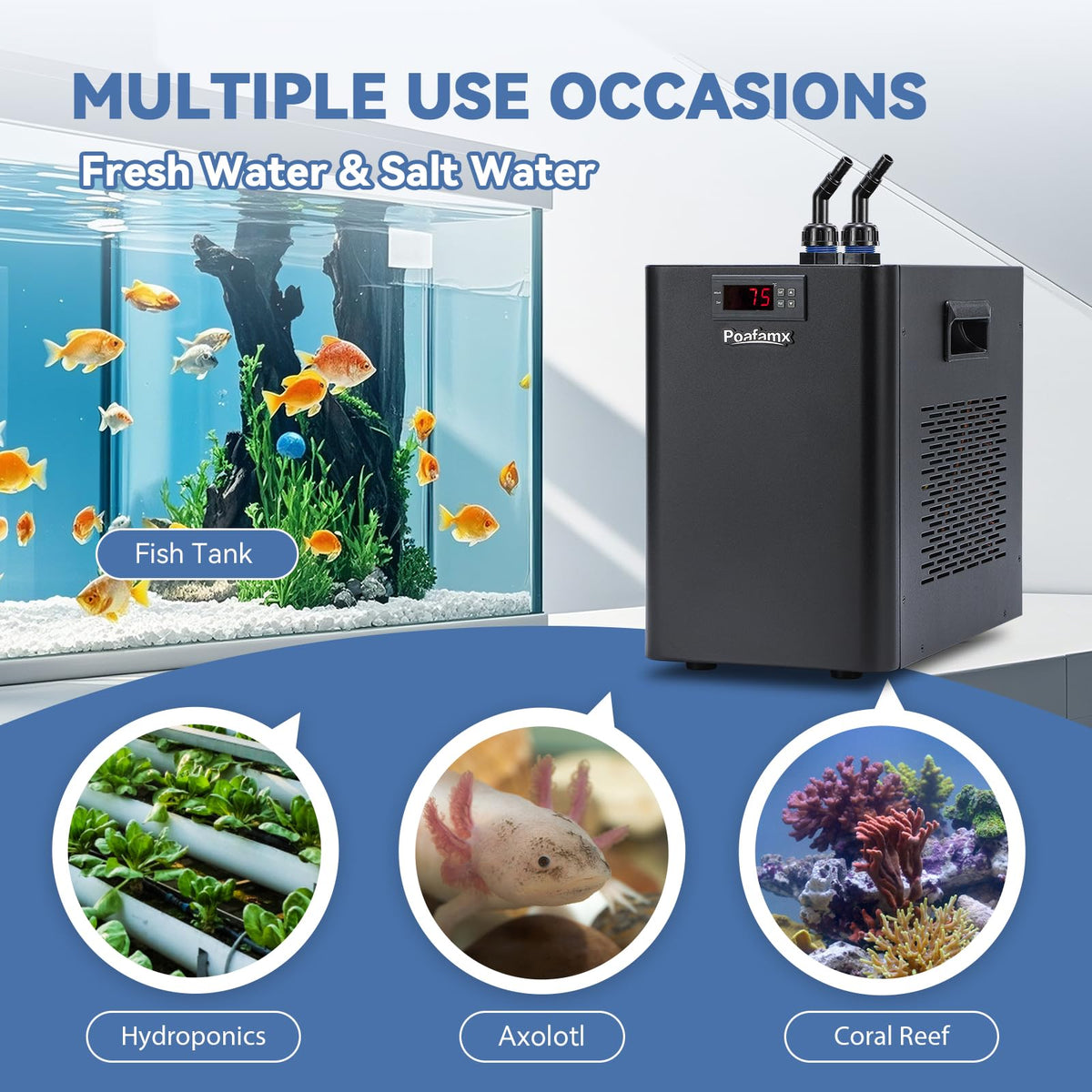 Poafamx 1/3 HP Aquarium Chiller, Quiet Fish Tank Water Chiller 40-80 Gal