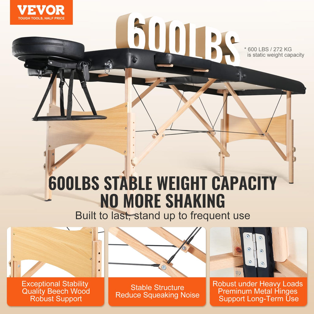 VEVOR Professional Wide Massage Table 30" W, Heavy Duty Folding Massage Table, 750LBS, 8-Level Height Adjustable Facial Salon Tattoo Bed, Portable Spa Table with Headrest, Hand Pallet & Carrying Bag