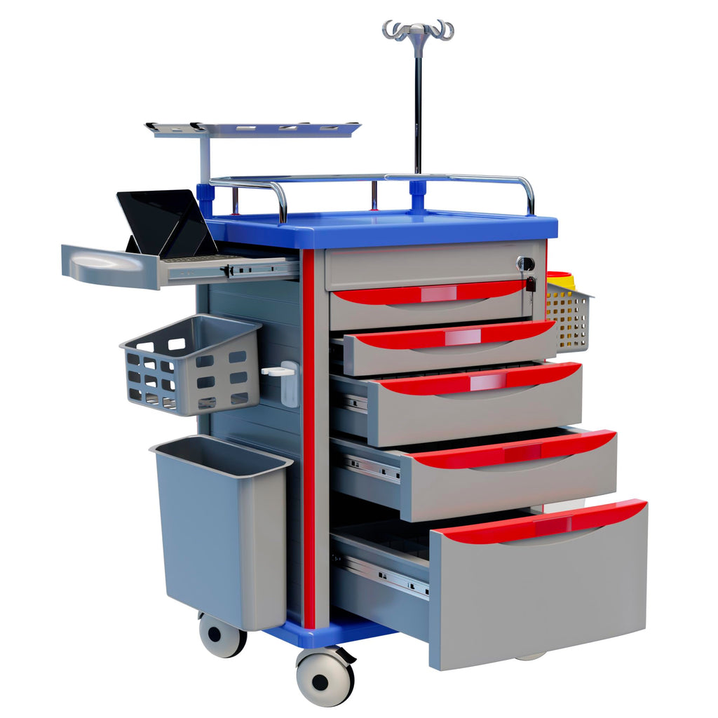 Medical Rolling Storage Crash Cart with Wheels, 5-Tier Medical Cart with Drawers, Adjustable IV Pole, Trash Bin & O2 Holder, Needle Disposal Holder, Silent Casters, Ideal for Hospitals (Grey)
