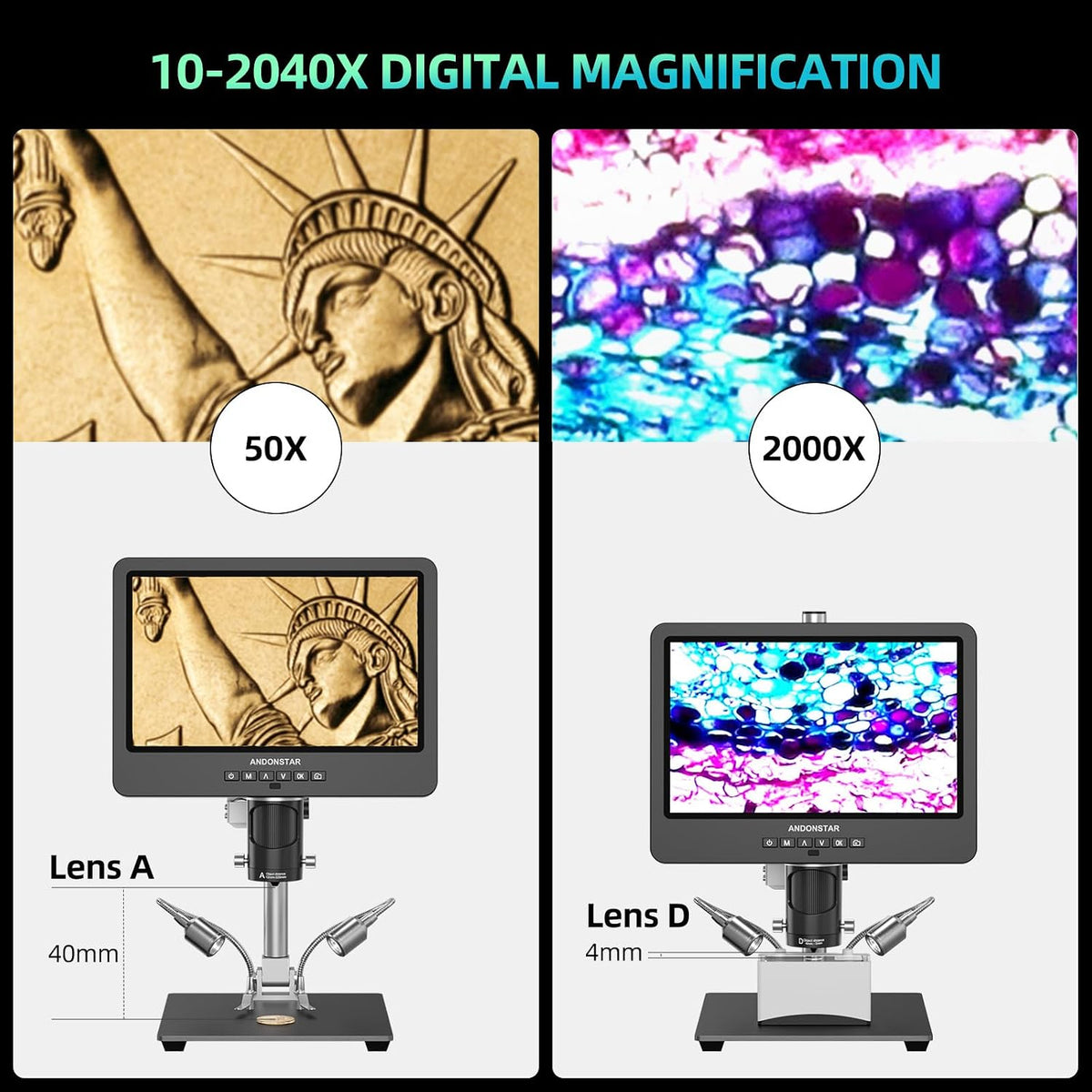Andonstar AD249S-M 3 Lens 2160P 10.1 Inch HDMI Digital Microscope 2000x