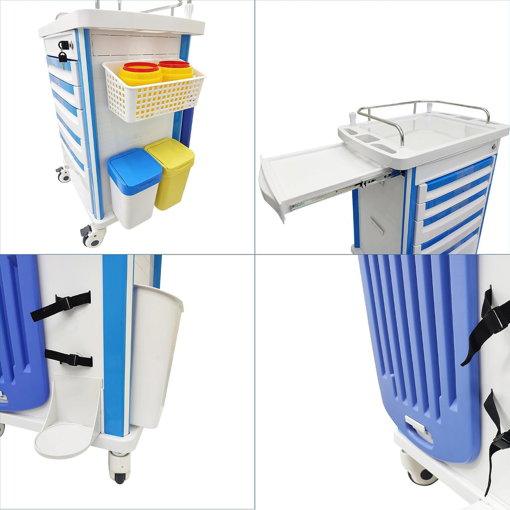 Mobile Anesthesia Cart Medical Emergency Crash Cart Medication ABS Storage Trolley Movable Vehicle Cabinet with Oxygen Cylinder Bracket Plastic Basket for Hospitals and Clinics