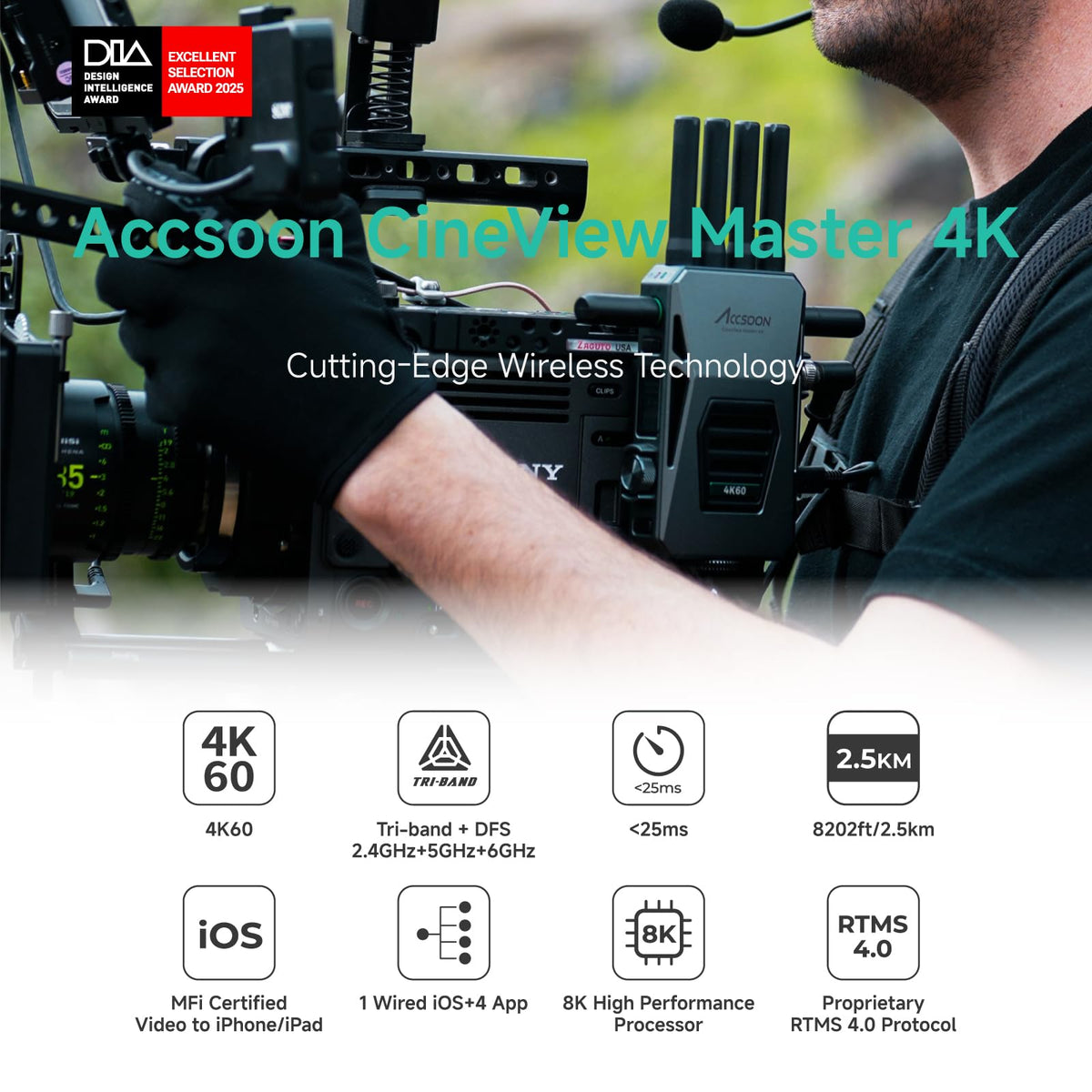 Accsoon CineView Master 4K Wireless Video Transmitter&Receiver with SDI HDMI, Tri-Band 8202ft 25ms LAT, 4K60/1080p60 1 Wired iOS+4 App Monitoring, Livestreaming Pair CineView 4K Lite/SE 4K/M7(H) Pro