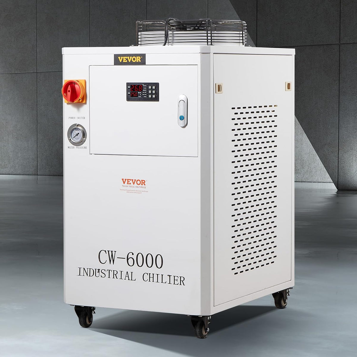 VEVOR Industrial Water Chiller, CW6000, 1500W Industrial Water Cooler Cooling System with Compressor 15L Water Tank Capacity 65 L/min Max Flow Rate, for CO2 Laser Engraving Machine Cooling Machine