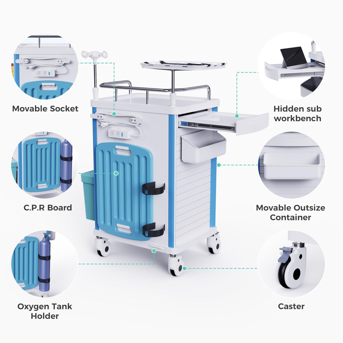 Medical Rolling Crash Cart with Integrated Medical Countertop