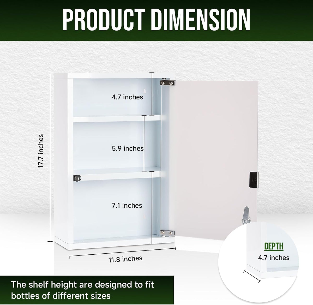 Metal Medicine Cabinet with Lock, Frosted Door, 3-Shelf, Wall Mount