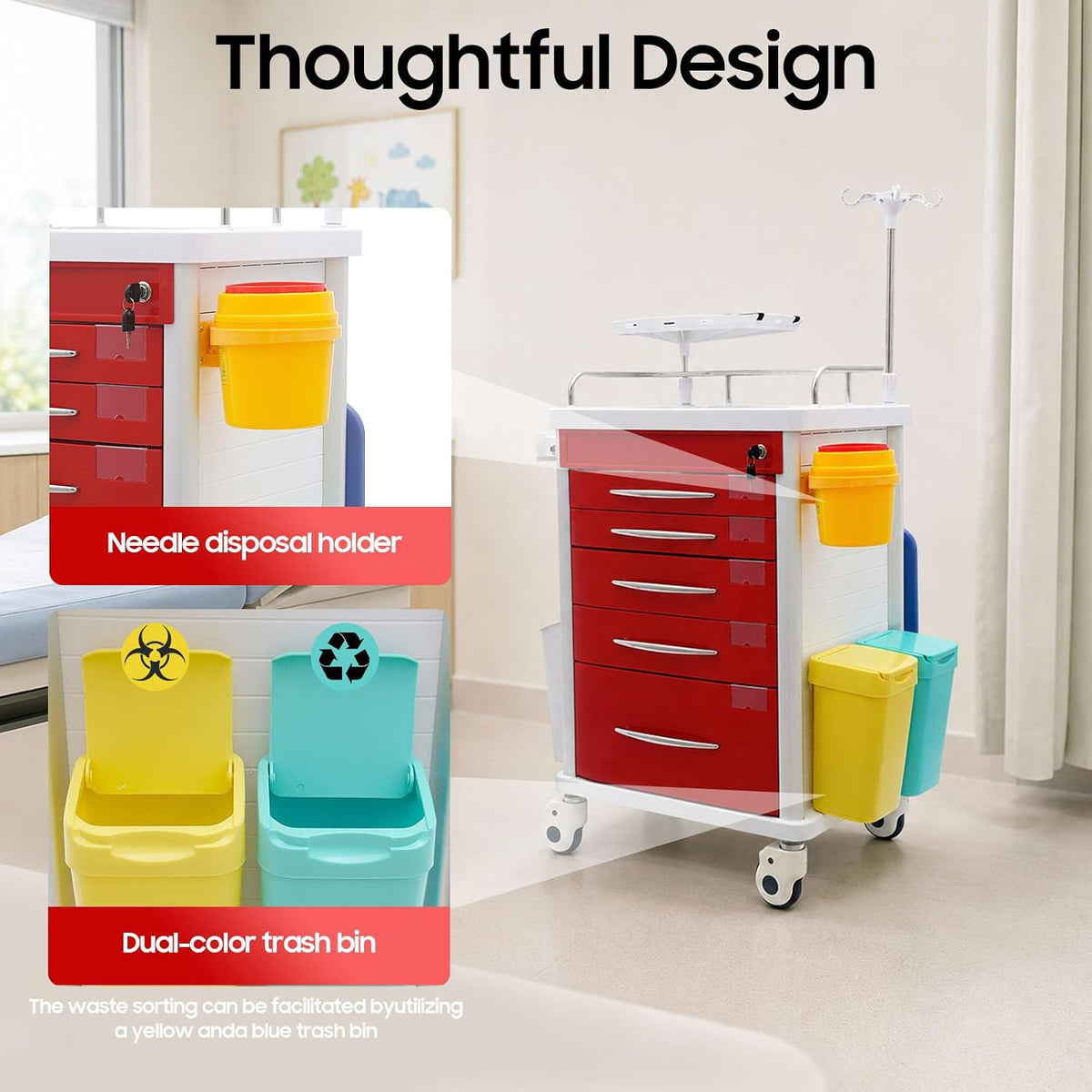 Medical Rolling Crash Cart with Accessories-CPR Board, 2 Trash Bin, Power Strip, Drawers with Dividers, Mobile Medical Cart for Clinic, Hospital, Nursing Center, Salon, 29.53 * 18.7 * 37.4in (Red)