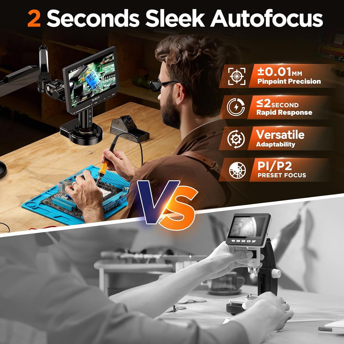 Elikliv Autofocus 4K HDMI Digital Microscope, 10.1" EM4K-AF Flex Arm Scope