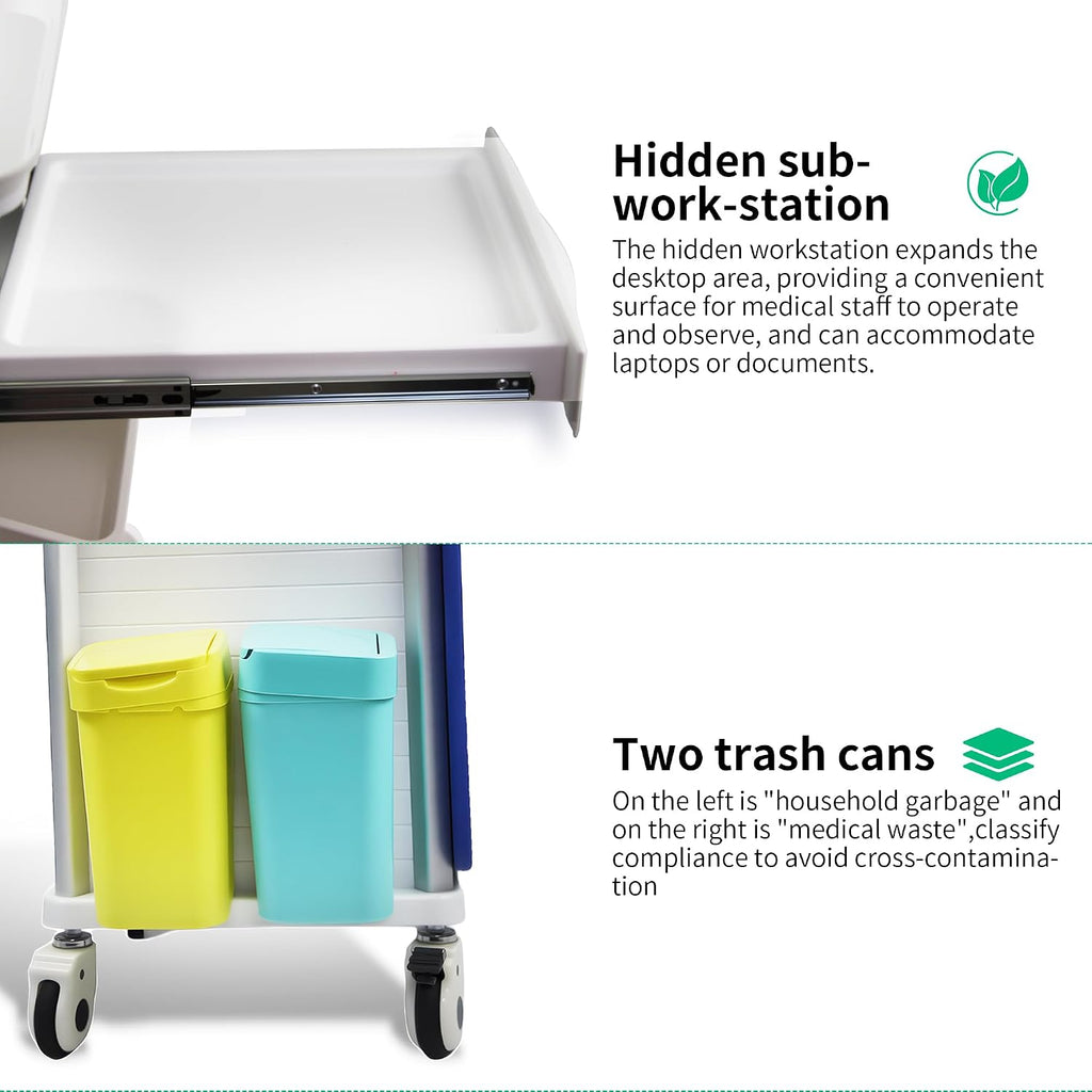 Medical Rolling Crash Cart, Mobile Medical Cart for Clinic, Hospital, Nursing Center with Integrated Medical Countertop -2 Trash Bin, Power Strip, Drawers with Dividers