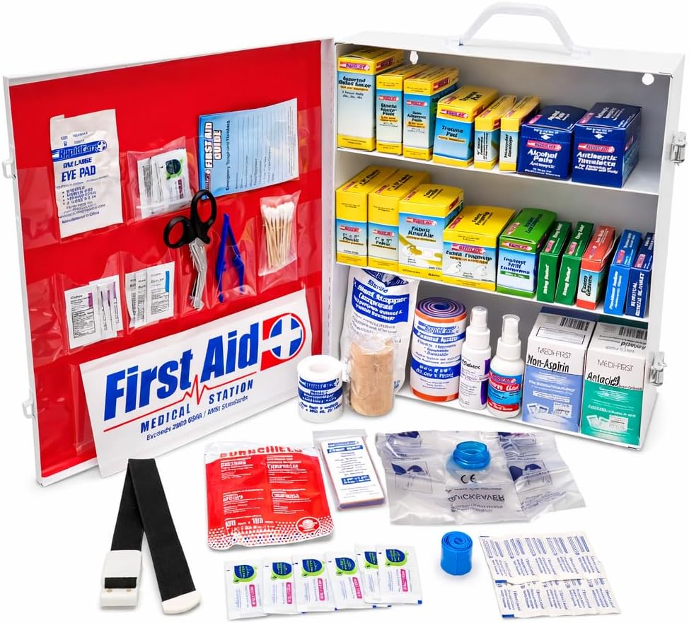 Rapid Care First Aid 80098 3 Shelf All Purpose First Aid Kit Cabinet, Class A+, Exceeds OSHA/ANSI Z308.1 2015, Wall Mountable