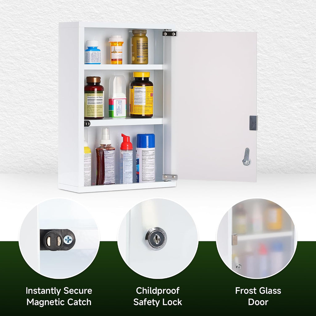Metal Medicine Cabinet with Lock, Frosted Door, 3-Shelf, Wall Mount
