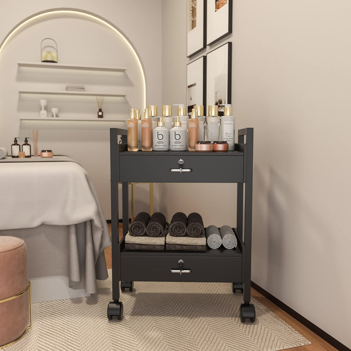 Paddie Salon Trolley Cart, Salon Tray Wooden Mobile Utility Cabinet with 2 Lockable Drawers, Rolling Storage Station Medical Esthetic Supply Holder for Beauty Spa (2 Drawers, White)
