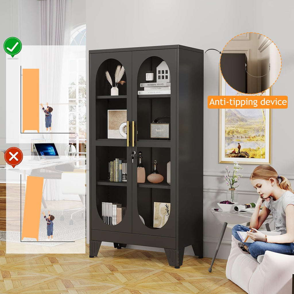 PAOFIN 47" H Locking Display Cabinet with Glass Door, Metal Cabinets with 3 Adjustable Shelves, Cabinet Display Case for Living Room, Collectibles, Clinic, Home - Assembly Required White