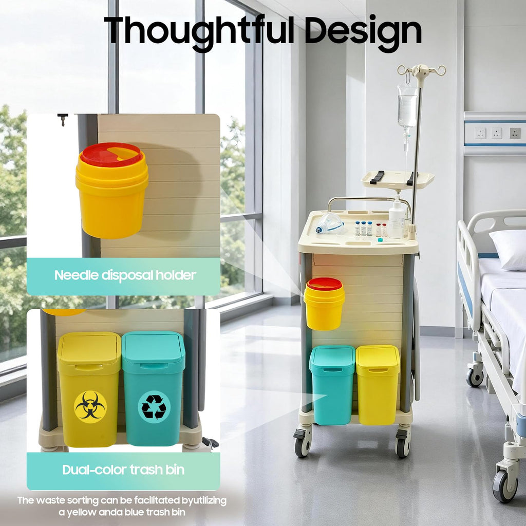 Medical Rolling Crash Cart with Accessories-CPR Board, 2 Trash Bin, Power Strip, Drawers with Dividers, Mobile Medical Cart for Clinic, Hospital, Nursing Center, Salon, 29.53 * 18.7 * 37.4in (Red)