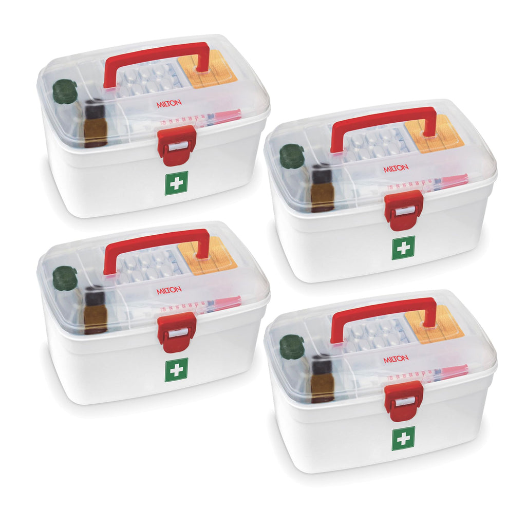 MILTON Plastic Medicine Box, First Aid Box, Set of 6, Small Storage with Handle, Emergency Indoor Outdoor Medical Utility Cabinet Organizer, Transparent, Portable Lockable & Detachable Tray