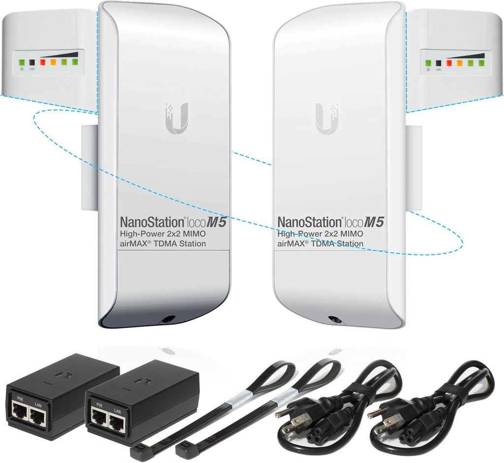 Wireless Bridge Ubiquiti LOCOM5 PRE-CONFIGURED, Bundle of 2 Ubiquiti Nanostation LOCO M5, Point to Point Outdoor WiFi Bridge, Plugh and Play, 5GHz, 150+Mbps, 10+km Link Range, Network Bridge.