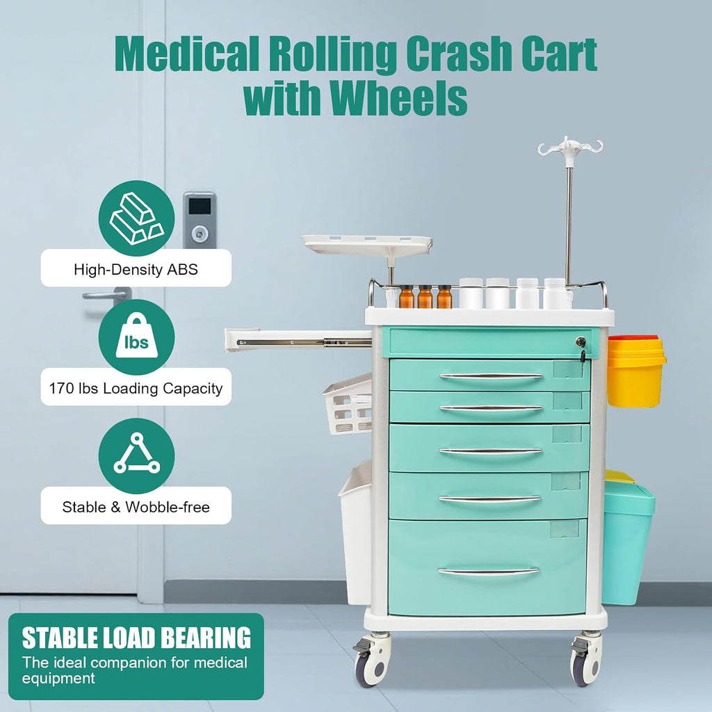 Medical Rolling Crash Cart with Wheels-CPR Board, IV Pole, O2 Holder, Trash Bin, Silent Casters, 5 Drawers with Dividers, Emergency Cart for Clinic, Hospital, Nursing Center (Green)