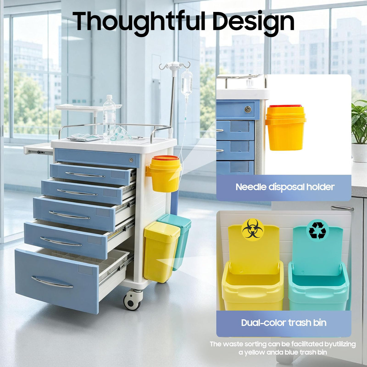 Medical Rolling Crash Cart with Accessories-CPR Board, 2 Trash Bin, Power Strip, Drawers with Dividers, Mobile Medical Cart for Clinic, Hospital, Nursing Center, Salon, 29.53 * 18.7 * 37.4in (Red)