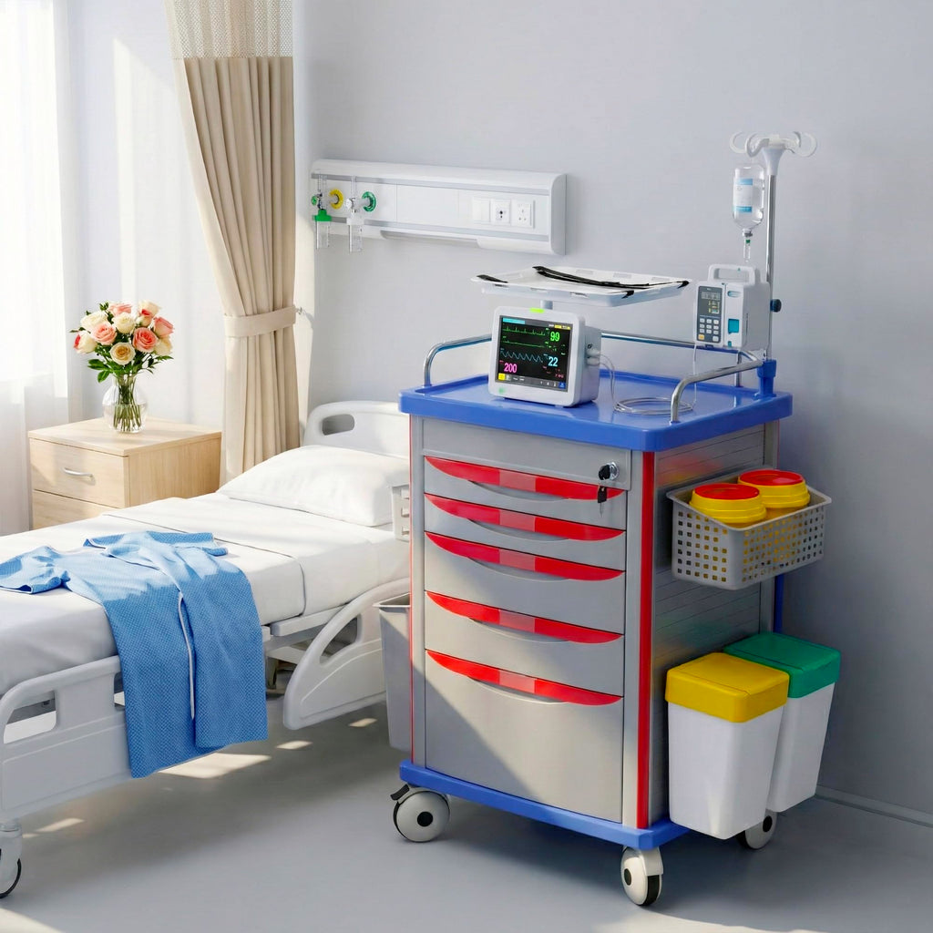 Medical Rolling Storage Crash Cart with Wheels, 5-Tier Medical Cart with Drawers, Adjustable IV Pole, Trash Bin & O2 Holder, Needle Disposal Holder, Silent Casters, Ideal for Hospitals (Grey)