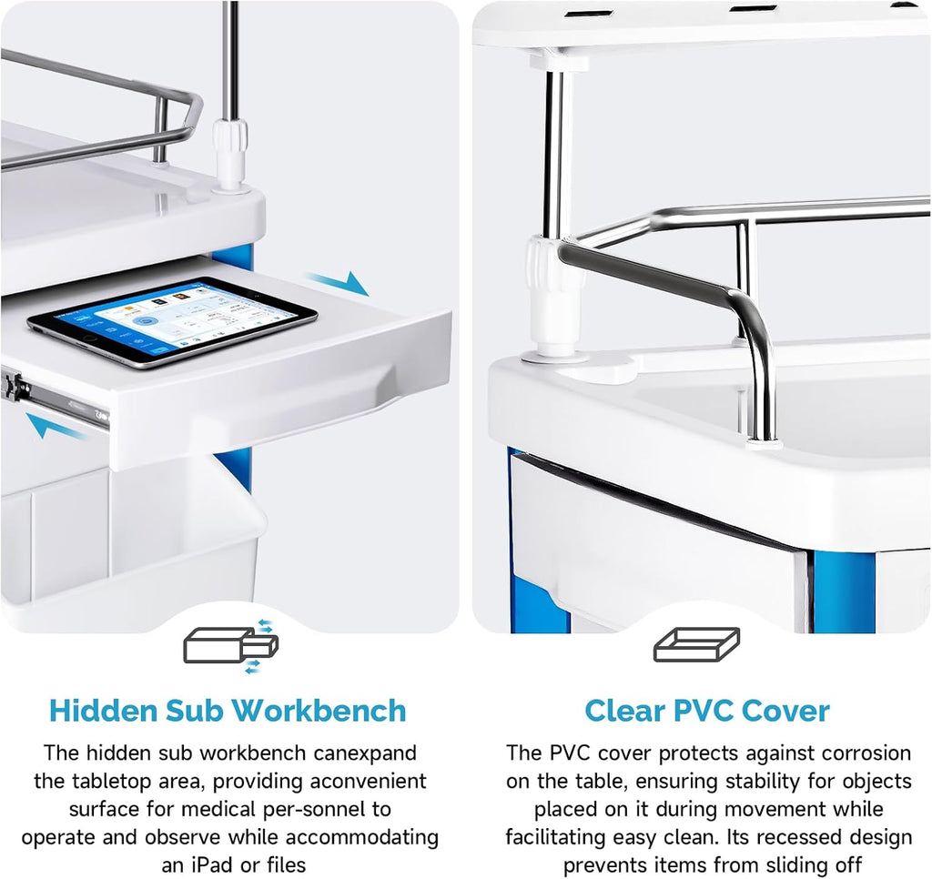 Crash Cart Medical ABS Material, Medical Cart with Drawers, Adjustable IV Pole, Silent Casters, Trash Bins, O2 Holder, Needle Disposal Holder, CPR Board, Nursing Cart for Hospital Clinic