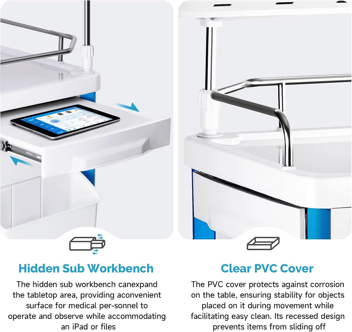Crash Cart Medical ABS Material, Medical Cart with Drawers, Adjustable IV Pole, Silent Casters, Trash Bins, O2 Holder, Needle Disposal Holder, CPR Board, Nursing Cart for Hospital Clinic