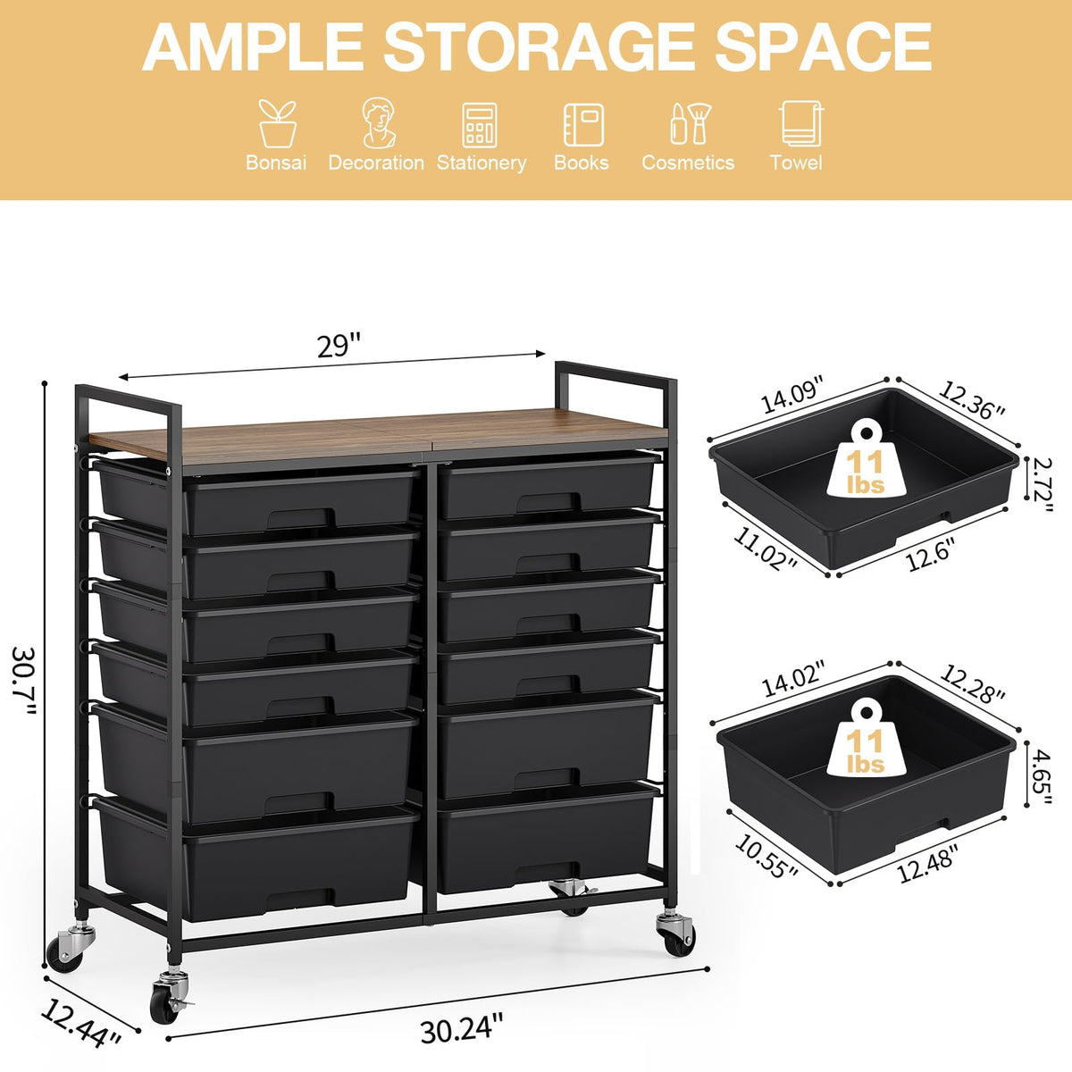 TOOLF 12 Drawers Rolling Storage Cart with Wooden Top for Classroom,White