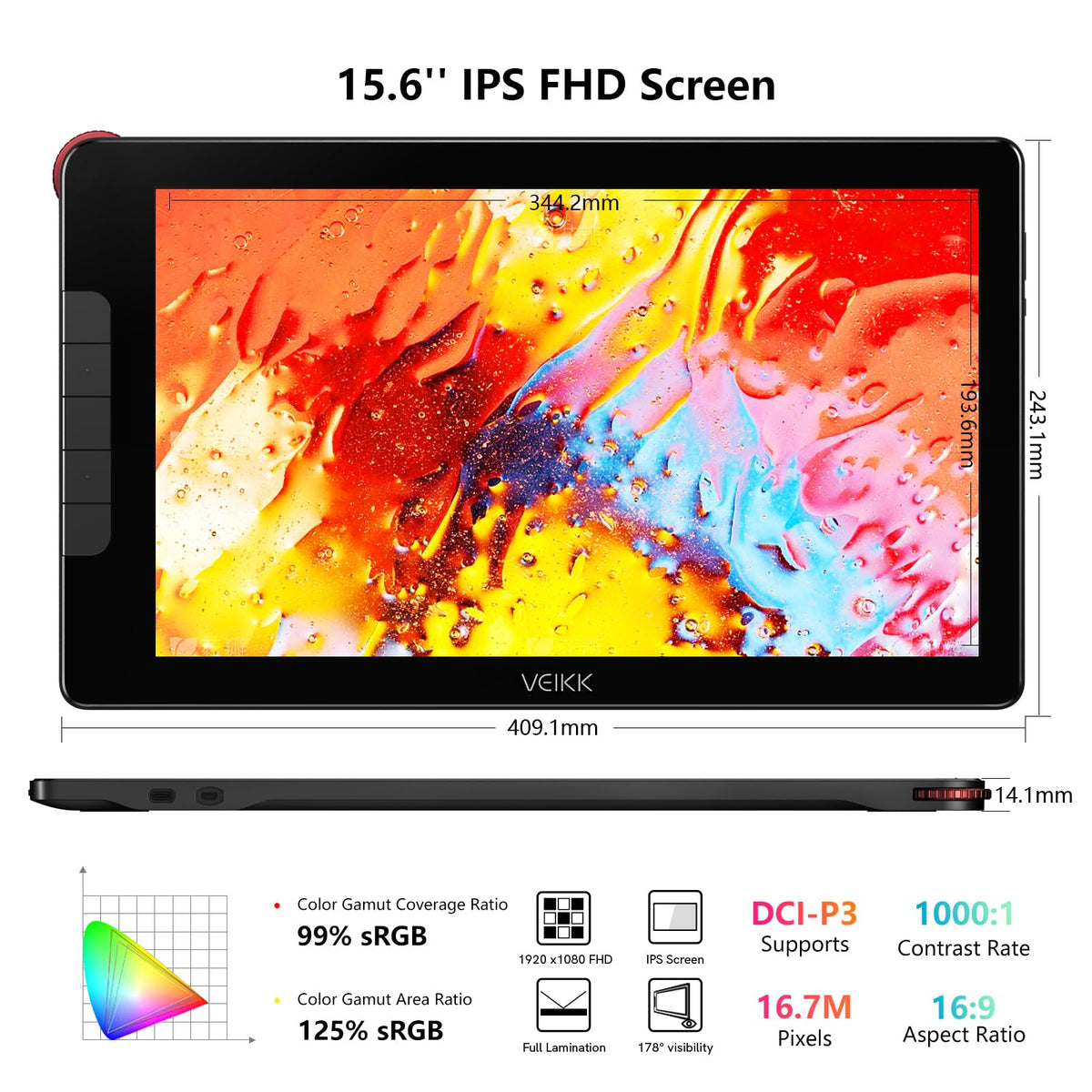VEIKK Studio 16 Drawing Tablet with Screen,15.6" Pen Displayï¼with 2 Stylus