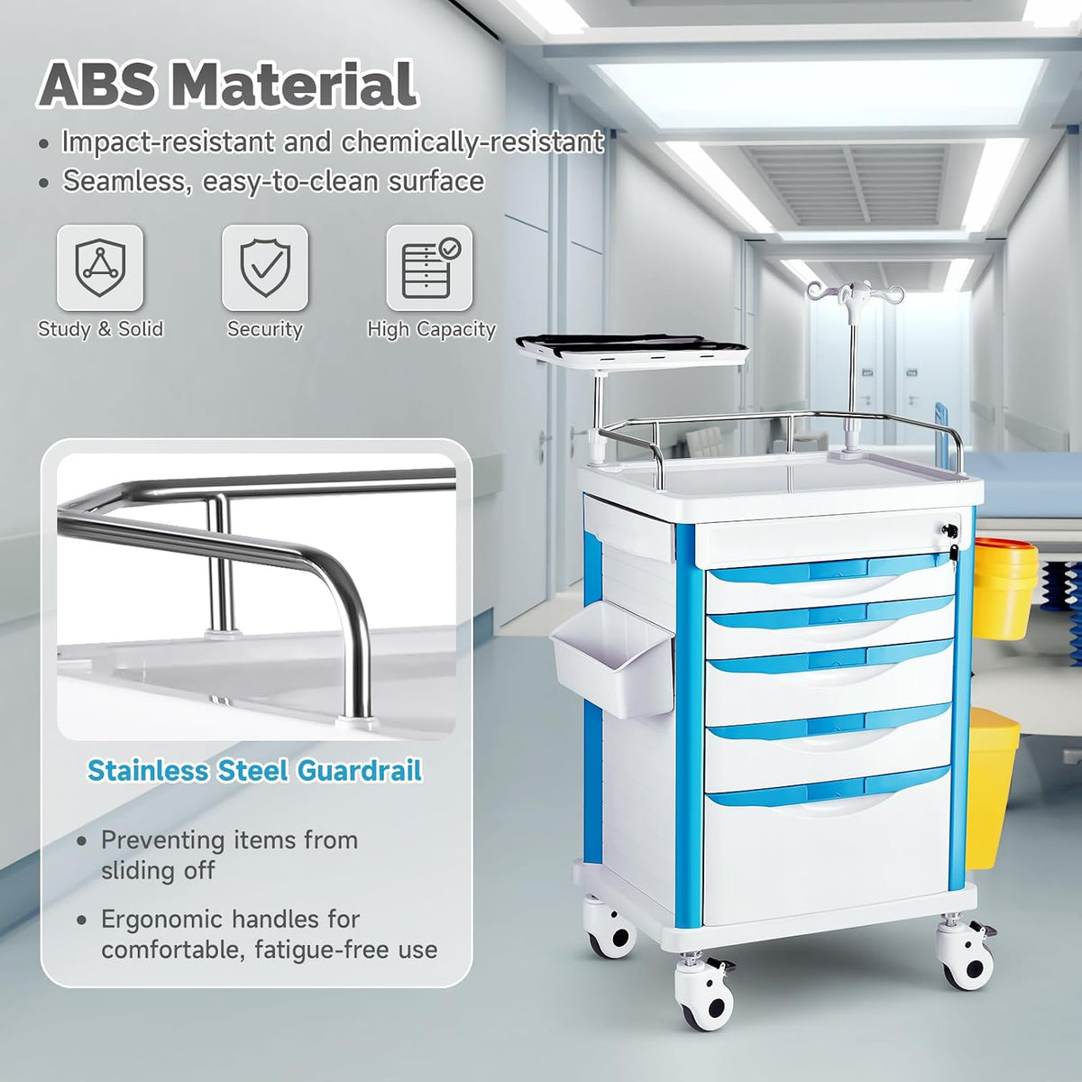 Crash Cart Medical ABS Material, Medical Cart with Drawers, Adjustable IV Pole, Silent Casters, Trash Bins, O2 Holder, Needle Disposal Holder, CPR Board, Nursing Cart for Hospital Clinic