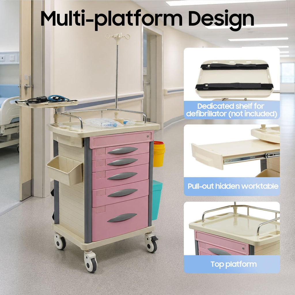 Medical Rolling Crash Cart with Accessories-CPR Board, 2 Trash Bin, Power Strip, Drawers with Dividers, Mobile Medical Cart for Clinic, Hospital, Nursing Center, Salon, 29.53 * 18.7 * 37.4in (Red)