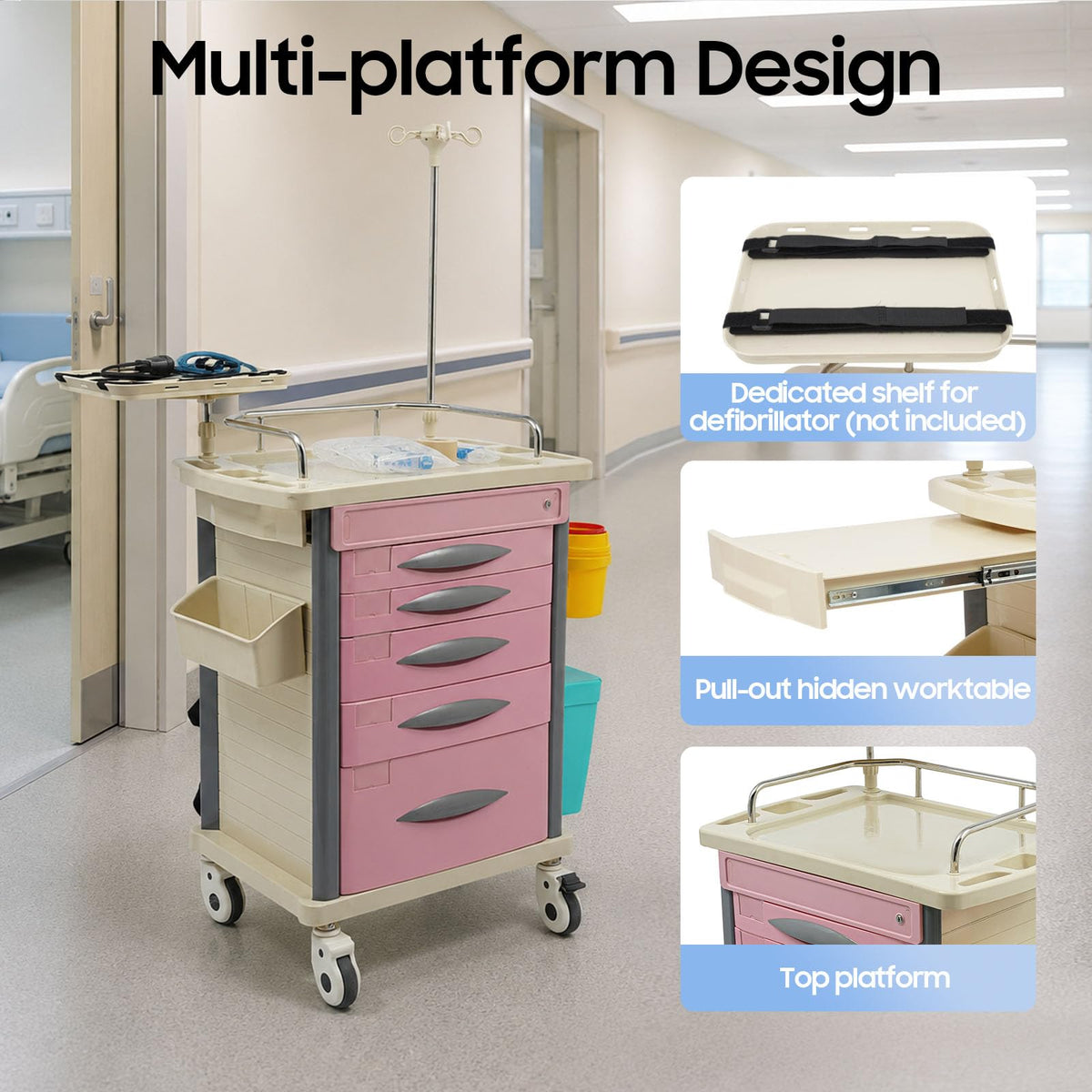 Medical Rolling Crash Cart with Accessories-CPR Board, 2 Trash Bin, Power Strip, Drawers with Dividers, Mobile Medical Cart for Clinic, Hospital, Nursing Center, Salon, 29.53 * 18.7 * 37.4in (Red)
