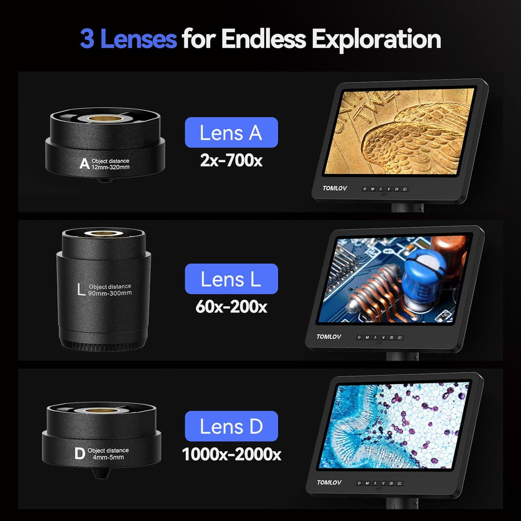 TOMLOV DM602 Flex 3 Lens HDMI Digital Soldering Microscope, Flexible Arm