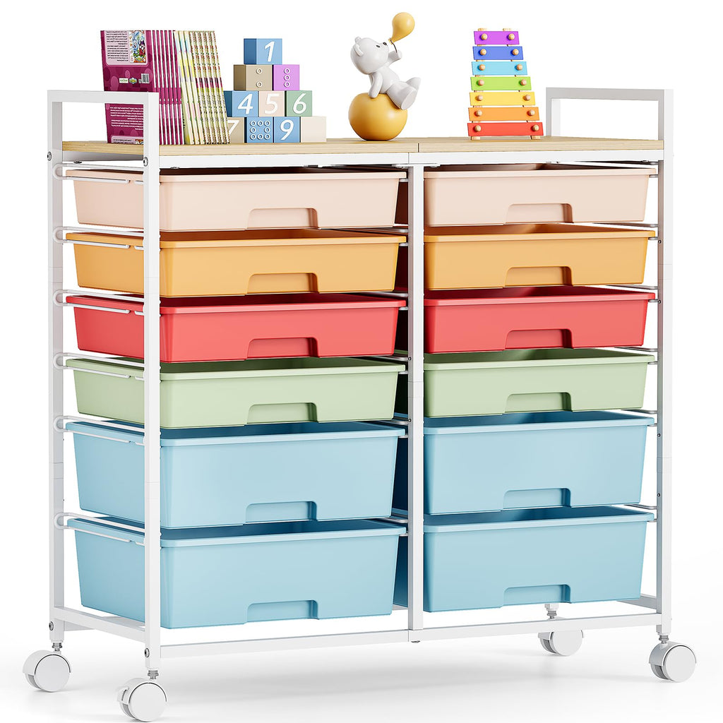 TOOLF 12 Drawers Rolling Storage Cart with Wooden Top for Classroom,White